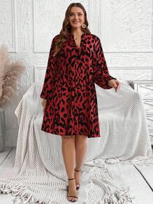 EMERY ROSE Plus Size V-hals Lange Mouw All-Over Print Losse En Elegante Herfstjurk