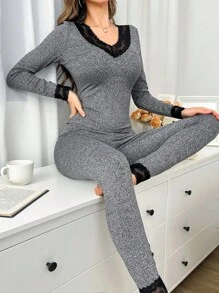 SHEIN Kontrast-Farben Spitze V-Ausschnitt Slim-Fit Samt Langarm Lange Hose Damen Thermo-Unterwäsche Set, Herbst/Winter - Grau - Übersicht 4