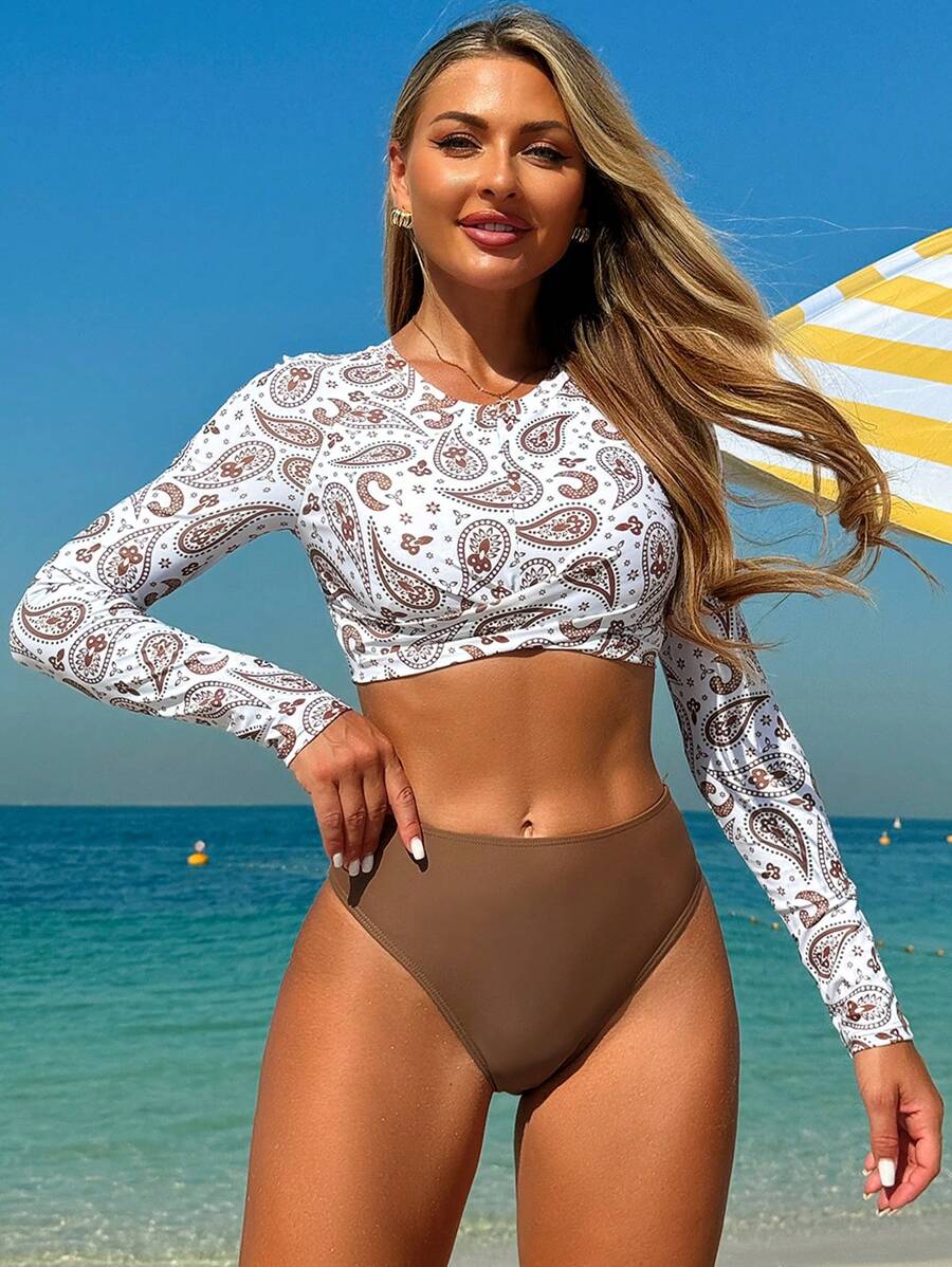 Swim SPRTY 全新长袖防晒衣冲浪泳衣花卉印花 2 件保守性感运动泳装夏季 - 咖啡棕 - 查看 1