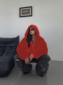 POPSWAY Plus Size Casual Solid Color Fleece Red Hoodie Fall Cloth For Women - Red - View 5