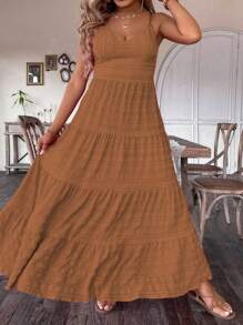 Franclia Plus Size Women Solid Color Ruched Ruffle Trim Casual Strap Dress