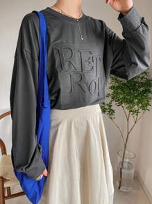 FRIFUL 女士秋季圆领落肩长袖宽松字母压花T恤