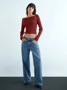 Maija 女士都市现代优雅休闲复古灰色针织毛衣，秋冬 - 紅色 - 查看 3