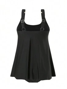 Swim Lushoire Summer 2pcs/Set Women Modest Solid Color Mesh Splice Strap Top And Bikini Bottom - Black - View 7