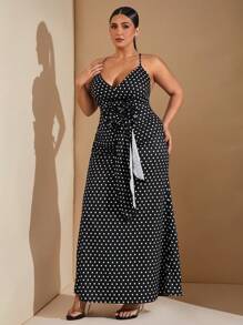 SHEIN BAE Plus Size Dresses,Black And White Polka Dot Dress,Summer 70's Elegant Party 3D Flower V-Neck Cami Dress,Bowknot Birthday Outfits,Vacation Formal Dress - Black - View 4