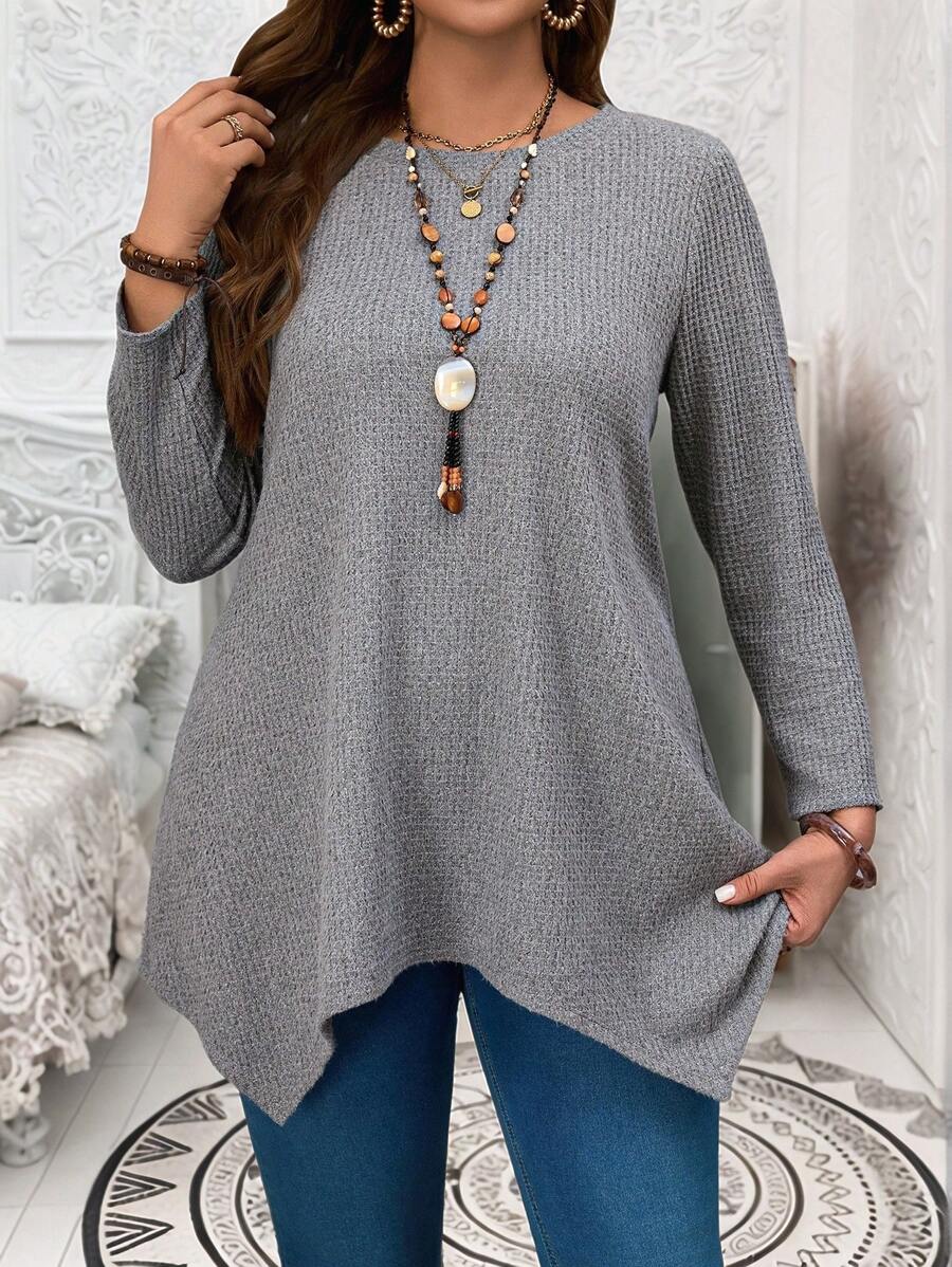 EMERY ROSE 大码休闲纯色不对称下摆 T 恤，秋季，新年女式上衣，春季