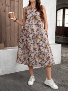 SHEIN LUNE Plus Size Women Floral Print Casual Loose Round Neck Beach Dress Holiday Dress Women's Summer Dress Valentine's Day Dresses Party Dresses Everyday Dresses Resort Wear Women,Club Dress Going Out,Holiday Party Dress