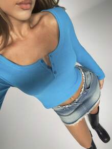 Forever 21 Blue Square Collar Basic Stretch Long Sleeve T-Shirt - Blue - View 4