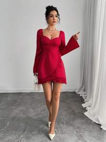 Chiquease Women's Solid Color V-Neck Flare Short Ruffle Dress, Elegant - Red - View 6