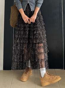 DAZY Women's Leopard Print Mesh Multi-Layer Ruffle Hem Cake Skirt - Rust Brown - View 1