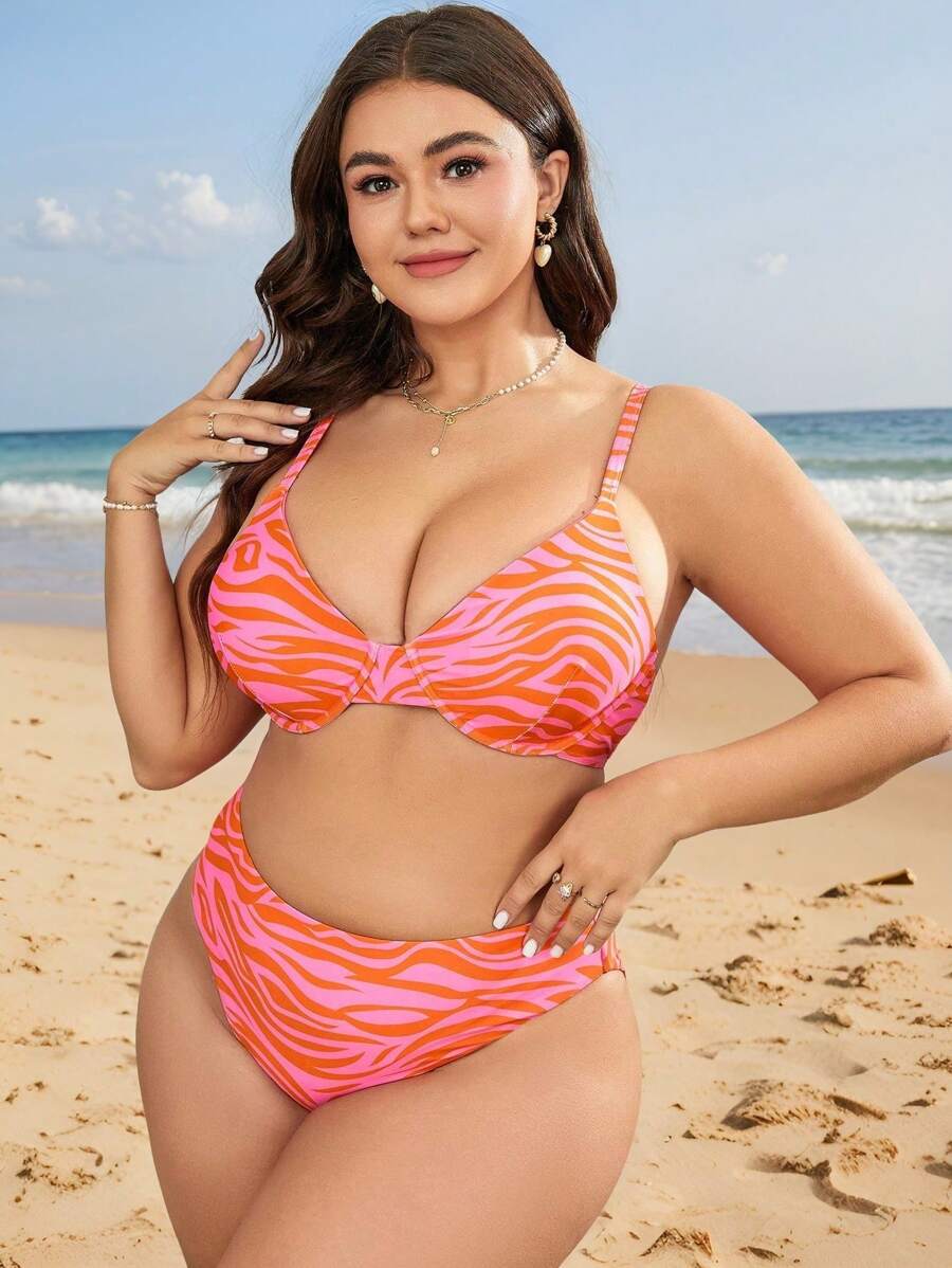 SHEIN Swim Curve 夏季沙灘加大斑馬紋底托比基尼套裝 - 彩色 - 查看 1