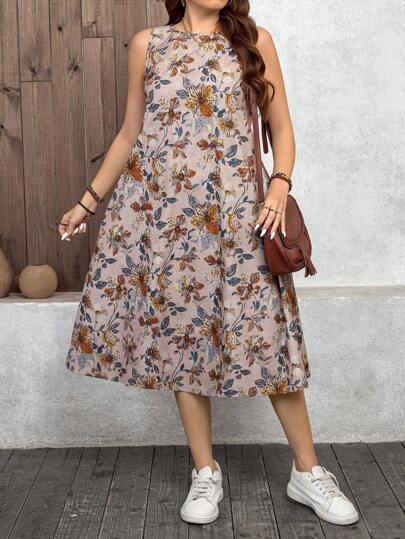 SHEIN LUNE Vestido floral casual y suelto de cuello redondo para mujer de talla grande, vestido de playa, vestido de verano, vestido del Día de San Valentín, vestido de fiesta, vestido casual, vestido de resort, vestido de club, vestido casual