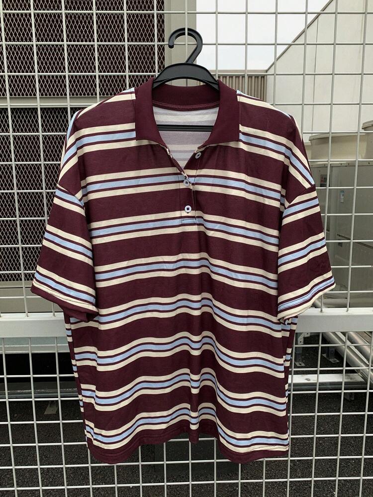 Casual Polo Collar Color Block Stripe Short Sleeve T-Shirt For Women, Summer Y2k Oversized T-Shirt