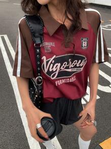 DAZY Camiseta polo de manga corta con bloqueo de color y estampado de letras, camiseta gráfica de estilo callejero retro para mujeres