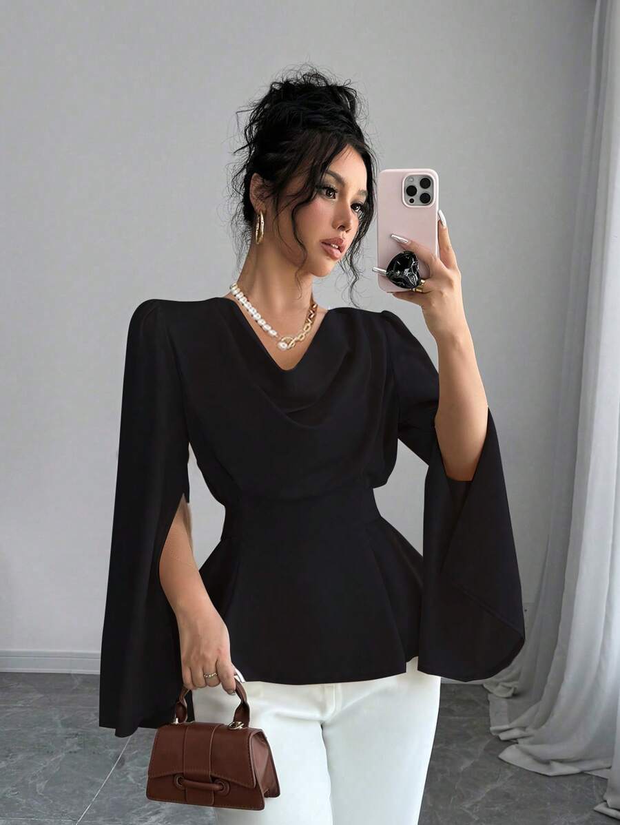 Elenzga Blusa negra de otoño con elegante poncho de cuello drapeado de unicolor