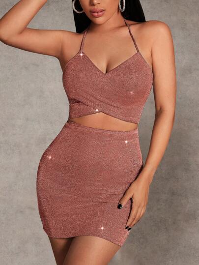 SHEIN BAE Cut Out Tie Back Glitter Bodycon Dress