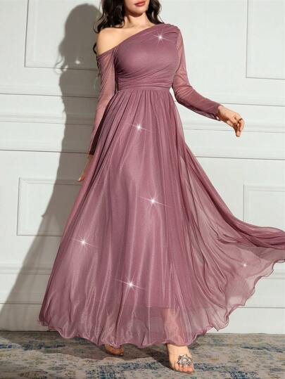 Modelyn 女士纯色不对称领口长袖闪亮迷人优雅连衣裙