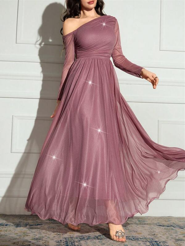 Modelyn Women's Solid Color Asymmetrical Neck Long Sleeve Sparkly Glamorous Elegant Dress