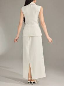 Heiryn 2pcs Women's Sleeveless Solid Color Vest Top And Skirt Set - Apricot - View 3