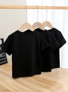 SHEIN 2 件青年百搭休闲可爱图案 T 恤，百搭街头服饰，运动，学院风格，黑色，3 件装（买 1 送 2） - 黑色 - 查看 2