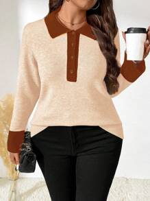 SHEIN LUNE Áo len dệt kim cổ polo tay dài màu tương phản cỡ lớn dành cho nữ thu đông - Màu be - Xem 7