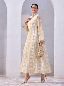 Al Najma 女式植物图案 V 领喇叭袖混合流苏装饰宽松阿拉伯风格连衣裙，端庄 - 彩色 - 查看 3