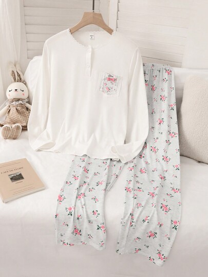 Zestaw 2 szt. dla nastolatek, jednolity kolor, kołnierzyk z guzikami, kieszenie z koronki, nadruk kwiatowy, długi rękaw, piżama, odzież rekreacyjna