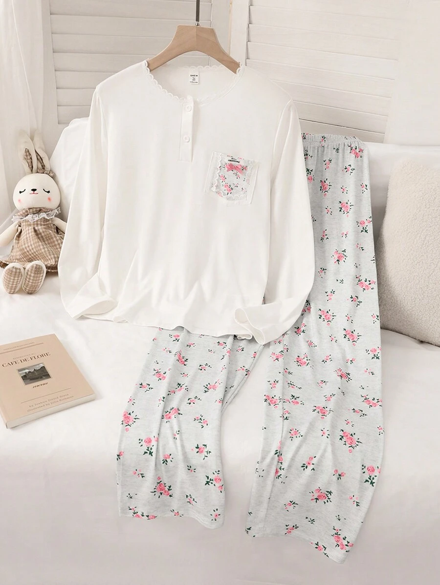 Zestaw 2 szt. dla nastolatek, jednolity kolor, kołnierzyk z guzikami, kieszenie z koronki, nadruk kwiatowy, długi rękaw, piżama, odzież rekreacyjna