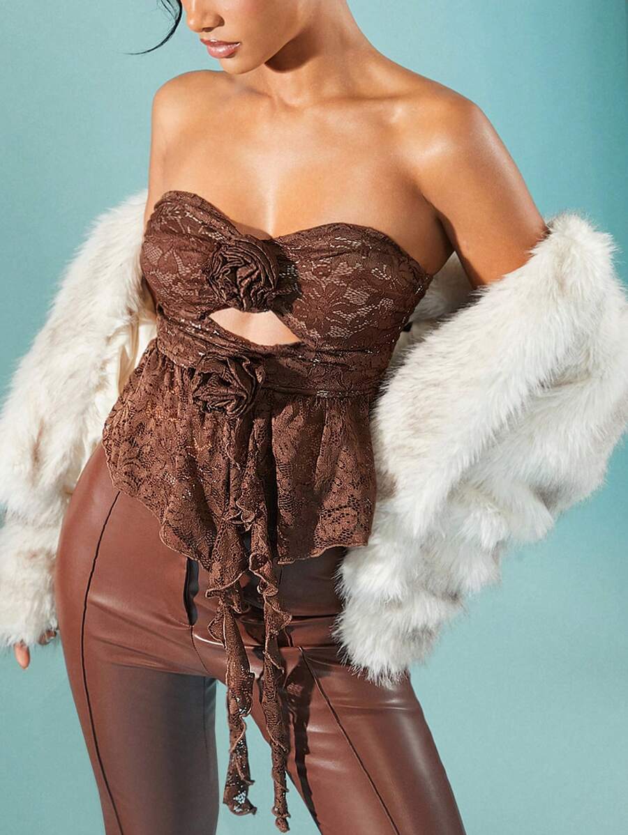 Hauture 3D Floral Cut Out Strapless Ruffle Split Hem Lace Top - Brown - View 1