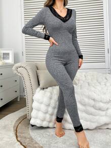 SHEIN Kontrast-Farben Spitze V-Ausschnitt Slim-Fit Samt Langarm Lange Hose Damen Thermo-Unterwäsche Set, Herbst/Winter - Grau - Übersicht 5