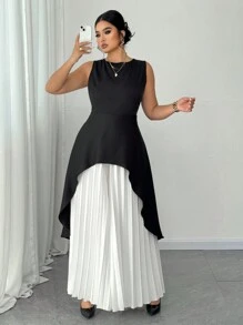 SHEIN Unity 2 Stücke Set in Große Größen: einfarbiges T-Shirt mit rundem Ausschnitt, ärmellos, asymmetrischer Saum und lange plissierte Hose, Büro- und Freizeitmode, Frühling/Sommer - Schwarz und Weiss - Übersicht 1