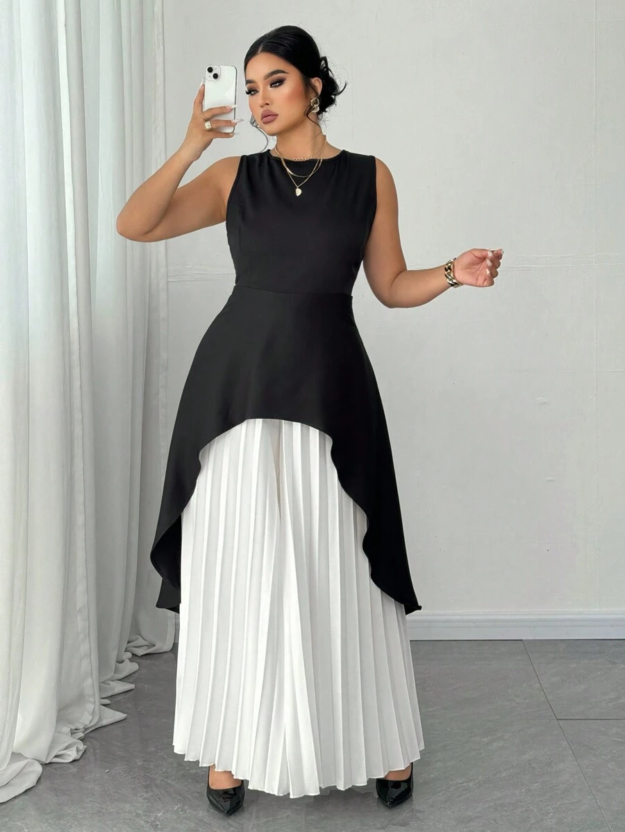SHEIN Unity 2 Stücke Set in Große Größen: einfarbiges T-Shirt mit rundem Ausschnitt, ärmellos, asymmetrischer Saum und lange plissierte Hose, Büro- und Freizeitmode, Frühling/Sommer - Schwarz und Weiss - Übersicht 1