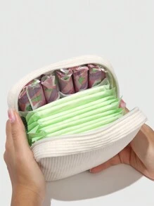 Caro Terranova Bolsa de almacenamiento portátil de gran capacidad para compresas sanitarias de pana beige, ideal para vacaciones