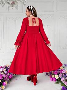 Flirla Plus Size Classic Solid Color Flattering Waistline Long Sleeve Maxi Red Dress For Romantic Date For New Year,Valentine - Red - View 2