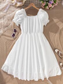 SHEIN Tween Girl Sweet Fashion Solid Ruffle Button Square Collar Puff Sleeve Dress, Suitable For Summer Party & Vacation - White - View 2