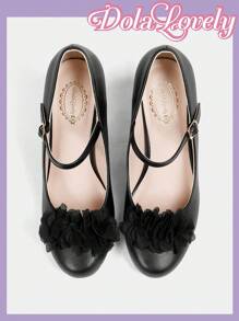 Dola Lovely Women's Black & White Classic Mary Jane High Heel Shoes, Retro Lolita Lace Pattern - Black - View 4