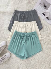 3件套纯色腰部打结休闲短裤睡眠短裤 - 彩色 - 查看 4