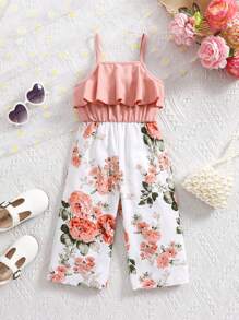 SHEIN Baby Girl Cute Floral Print Sleeveless Jumpsuit, Summer