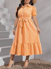 SHEIN VCAY 大码女式条纹短款泡泡袖荷叶边下摆休闲衬衫裙