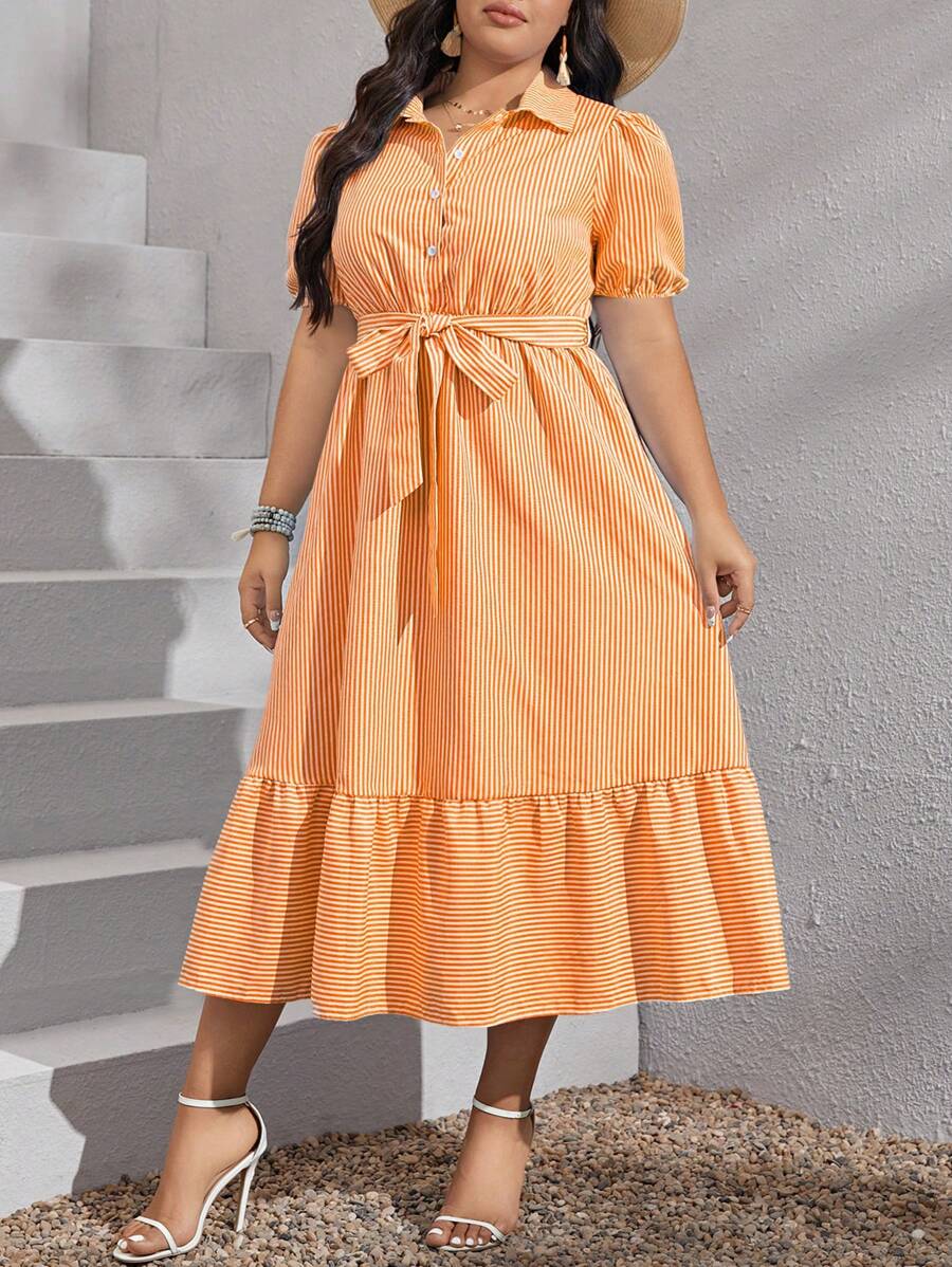 SHEIN VCAY 大码女式条纹短款泡泡袖荷叶边下摆休闲衬衫裙