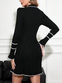 SHEIN Clasi Plus Size Women Bell Sleeve Polo Collar Short Sweater Dress, Autumn/Winter - Black and White - View 2