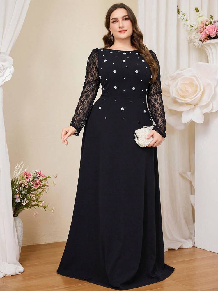 フォーマル・ドレス・スーツ mimiel empire queen shining winter dress Coutiva Plus Size Elegant Black Winter Pearl Contrast Lace A-Line