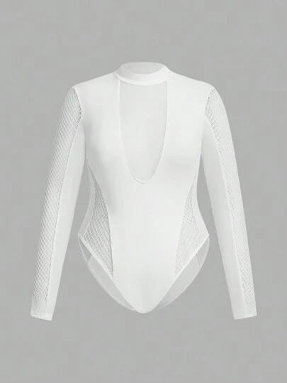 SHEIN ICON 大码立领低胸网眼撞色紧身衣