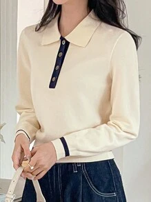 DAZY Color Block Pullover Sweater For Ladies, Elegant Style Fall - White - View 4