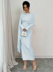 Elenzga 女士纯色简约休闲优雅垂褶长袖褶皱连衣裙长款女装 - 藍色 - 查看 3