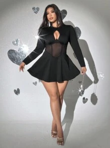 Viva Relle Plus Size Women Solid Mesh Patchwork See-Through Umbrella Dress Long Sleeve Dress, Valentine's Day