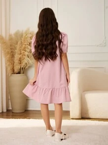 Tween Girl' Pink Ruffle Hem Asymmetrical Patchwork Casual Everyday Dress,Holiday,Summer,Travel - Pink - View 2