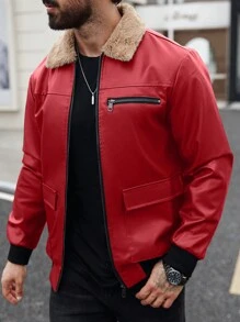 Manfinity Homme 男士人造毛拼接长袖前拉链口袋夹克、字母夹克、秋季男装、冬季男士夹克、保暖夹克、毛领