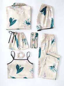 LuxeNights 7pcs Floral Print Satin Pajama Set, Fall Winter Clothes Cozy And Elegant Details - Beige - View 2