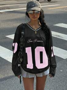 Muchica 女士新款 V 领休闲运动字母与图案拼接宽松大码长袖 T 恤，白色 - 彩色 - 查看 5